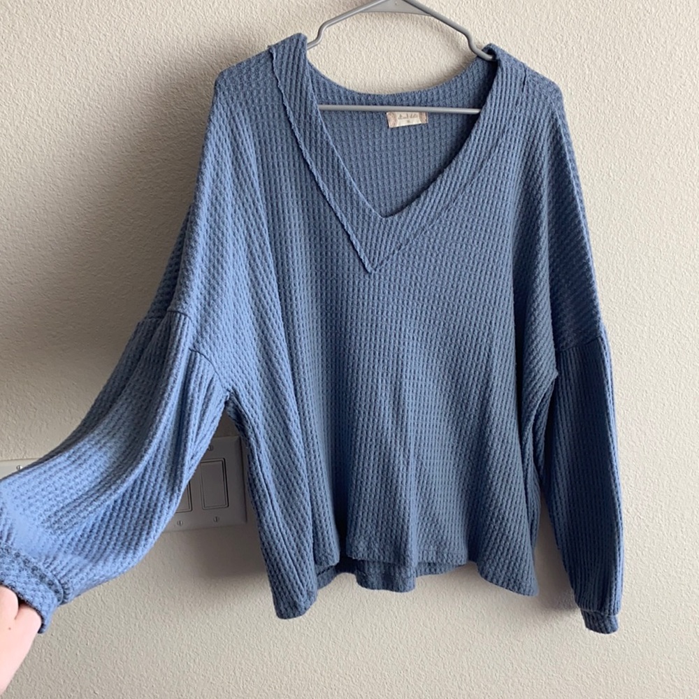 Dusty Blue Puff Sleeve V-neck sweater